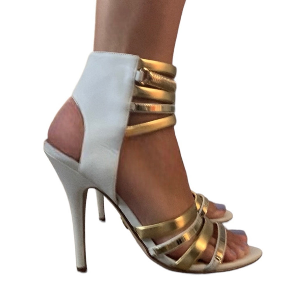 Bebe white & gold strappy heeled sandals